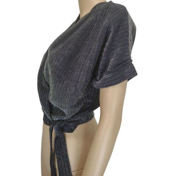 70s Cropped Black Silver Metallic Thread Short Sleeve V Neck Top Size Small - Picture 3 of 6